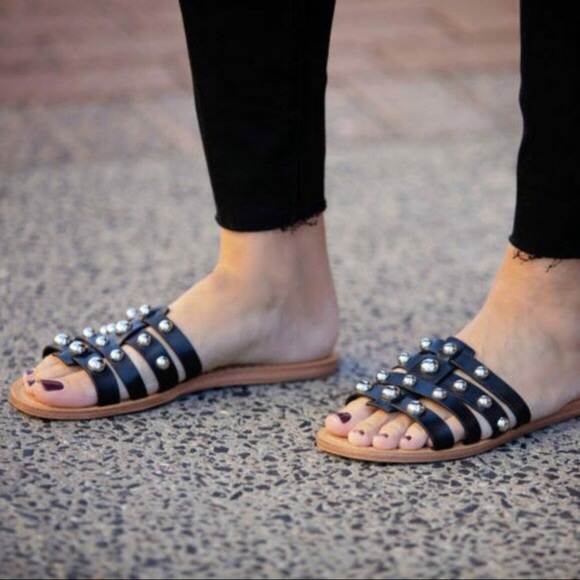 BLACK LEATHER SANDALS SLIDES MARC FISHER SLIP ONS STUDD CAGED FLATS A2C - Picture 3 of 16